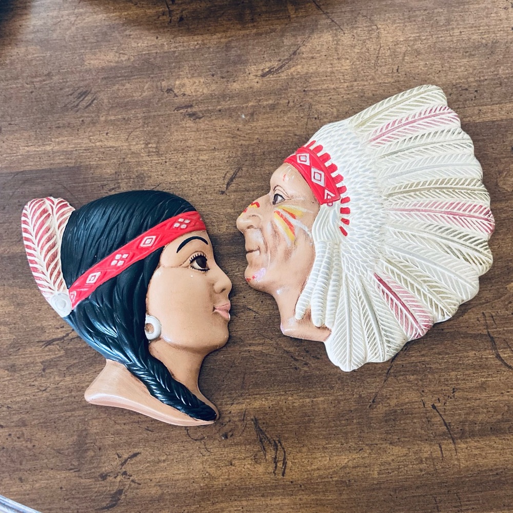 Vintage Indian Native American head wall plaques chalk ware plaster
